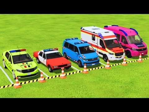 TRANSPORTING POLICE CARS, DACIA, CHEVROLET, VW, AMBULANCE, EMERGENCY COLORFUL CARS WITH TRUCK FS22