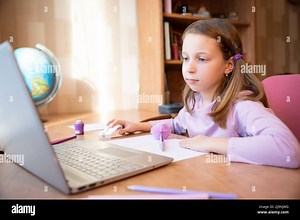 Online remote learning. High school kids with computer having video conference chat with teacher and class group Stock Photo - Alamy