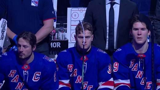 Judy Gilbert, wife of Rod Gilbert, announces J. T. Miller as the 2025-26 Mr. Ranger Award recipient at The Garden.@NYRangers | #NYR