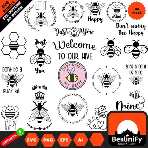 BEE SVG BUNDLE | Honey Bee Bumble Queen Clipart, Save the Bees Vector Cut Files - Etsy