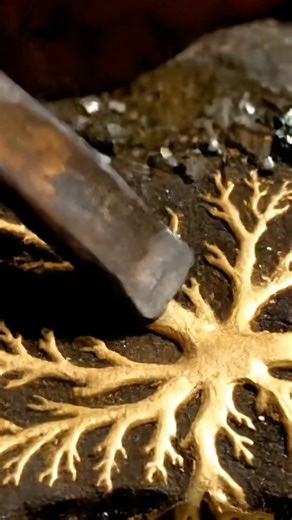 Nature's delicate art in 8K. 🌿✨ Look at this incredible dendritic gold formation, looking like a golden root system across the dark stone. The macro detail captures the insane contrast: a heavily rusted steel chisel meeting fragile, pure gold. 🔨 As the tool strikes, watch the gold lattice shear off, sending glittering fragments cascading down. The mix of silver pyrite, dark matrix, and native gold is purely satisfying! 🤩 #dendriticgold #emasdendritik #nativegold #geology #geologi #macrophotog