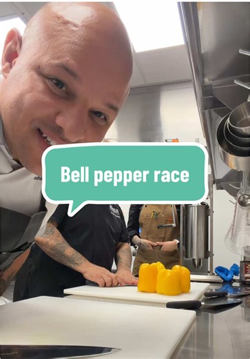 Bell pepper race with my guy Chef Ismael. Absolute beast. Runs his kitchen with discipline, speed, and pride. You can feel it the moment you step into the kitchen. He is a true leader. But I am a competitor at heart. I stacked my peppers while he cut them one by one. Cheat code or smarter strategy?