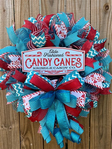 Candy Cane Christmas Wreath, Red Turquoise Deco Mesh, Holiday Door Decor - Etsy