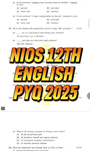 NIOS Class 12 English PYQ 2025 🔥 | Exam में यही आएगा! #nios #shortsfeed