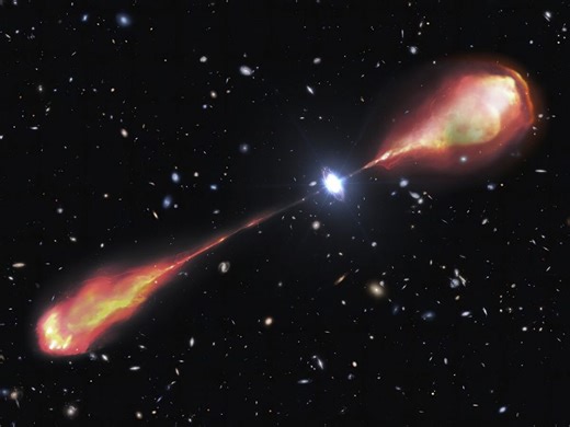 Telescopes spy a monster radio jet streaming from a bright and early object in the universe