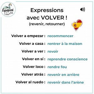 2.9K views · 78 reactions |  Alerte verbe espagnol !! Connais-tu le verbe volver, qui veut dire "retourner, revenir" ?  Voici des expressions à connaître avec ce mot !  Laquelle préfères-tu ou veux-tu mémoriser ? ⬇️ ⚠️ Retrouve-moi sur @espagnolpasapas #espagnolpasapas #espagnol #español #aprenderespañol #apprendrelespagnol #learnspanish #parlerespagnol #hablarespañol #speakspanish | Espagnol pas à pas | Facebook