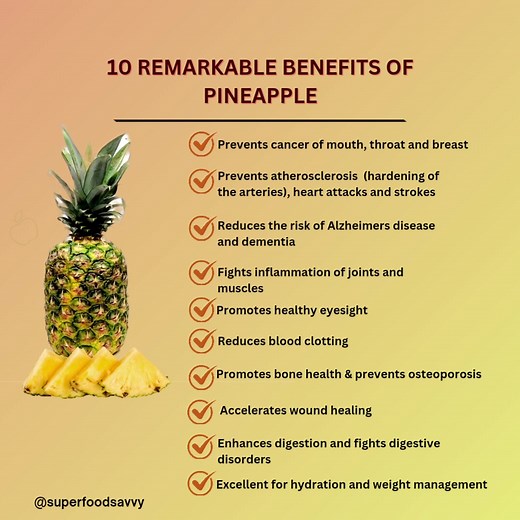 Discover the Amazing Health Benefits of Pineapples 🍍 Boost Your Immunity, Improve Digestion, and Support Heart Health with This Nutrient-Packed Fruit! Like ❤️ and follow for more healthy food benefits! #PineappleBenefits #HealthyLiving #foodfacts #superfoodsavvy #pineapple #foodismedicine #fyp