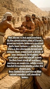📜 Beer Built the Pyramids — The Fuel of Ancient Egypt The great pyramids weren’t raised by slaves — but by skilled laborers who were fed, housed, and paid. At the massive work camps of Giza, workers received one of history’s most surprising wages: beer. Ancient records show that laborers were given up to four liters of beer per day, alongside bread, onions, and dates — enough to hydrate them, nourish them, and keep morale high beneath the blazing desert sun. Papyrus documents like the Rations L