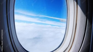 View from plane window. Plane window view during flight. Airplane wing. Looking through plane window. Travel concept. Sky From The Plane Window.