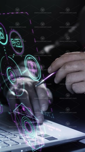 Interacting with a laptop and a simulated holographic panel.