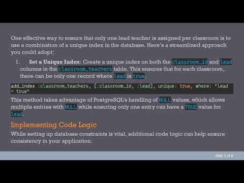 How to Ensure a Single Lead Teacher Per Classroom in SQL Database with Ruby on Rails