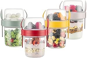 Yogurt Containers with Lids 22 Oz, Take'n Go Breakfast Cups, Meal Prep Container, Parfait Cups with Lids, Cereal Storage Jars with Lids for Oatmeal Containers, Reusable Cups Set Of 4