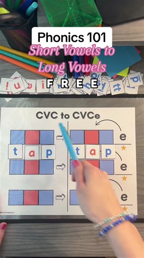 ⭐️ Teach your readers how to switch from CVC to CVCe! Watch how many more words they can read. These mats are F R E E. 💜 #learntoread #learntospell #phonics #shortvowels #longvowels #scienceofreading #teachers #parents #tutors #homeschool