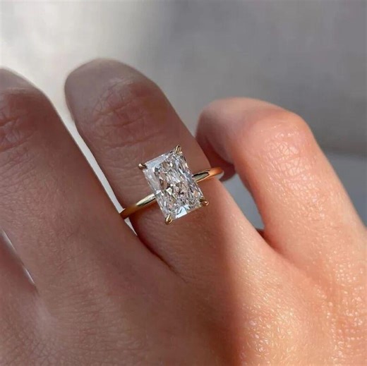 3 CT Hidden Halo Solitaire Ring, Radiant Cut Moissanite Engagement Ring, Radiant Cut 14K Solid Gold Ring, Anniversary Rings Gifts For Her