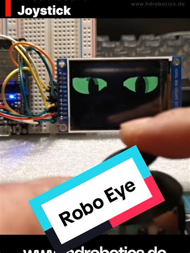 In diesem Projekt zeige ich, wie man mit einem 2,4 Zoll TFT-Display mit einer Auflösung von 240x320 Pixeln coole animierte Roboteraugen bauen kann. Als Herzstück nutze ich einen ESP32 WROOM-32D, der über ein Breadboard mit einem Joystick inklusive Klicktaste und dem TFT-Screen verbunden ist. Der Joystick steuert die Augenbewegung: Bewege ich ihn nach rechts, links, oben oder unten, schauen die Augen auf dem Display genau in diese Richtung. Drücke ich den Joystick, blinken die Augen – sie schließ