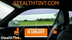 Stealth Tint™ | Transition Window Tint™, no power or wires required. Stealth Tint® Transition Window Tint™ requires no power or wires to operate and is a state-of-the-art smart film® solution. Stealth Tint® changes from clear (75% VLT) to dark (25% VLT) upon sunlight exposure. The level of tint in the film will brighten and darken according to the level of sunlight it is exposed to automatically changing with no power required. Stealth Tint will block 99% UV in all transitional stages. Thanks to