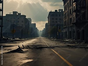 Empty street of burnt up city. Apocalyptic view of city downtown as disaster film poster concept. City destroyed by war