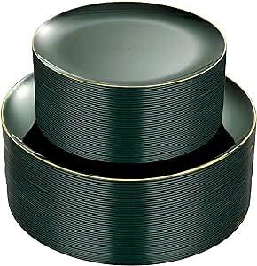 PULOTE 100PCS Green Plastic Plates - Green Disposable Plates With Gold Rim - Include 50 Pieces Dinner 10.25inch,50 Pieces Dessert 7.5inch for Party&Christmas