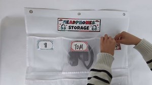 Headphone Storage Classroom with 15 Durable Polyester Mesh Pockets, Door Hanging Headphone Holder for Classroom Library, Headphone Organizer with 61 Reusable Card & 3 Hooks