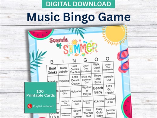 Summer Music Bingo Game: 100 Printable Cards, Playlist (digital Download) - Etsy