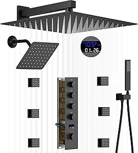 WHSHOWER 12 & 8 Inch Dual Heads Shower System Full Body Shower System with Handheld Sprayer, Body Jets Shower Faucet Set with Digital Display Valve,Matte Black