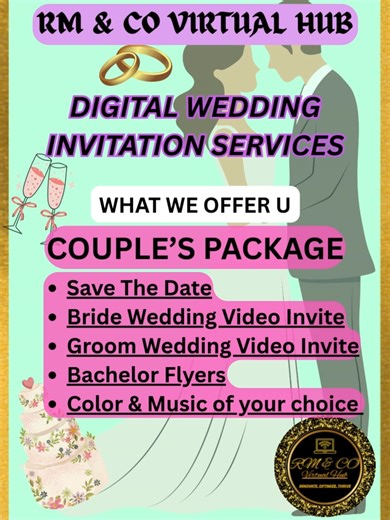 RM & CO Virtual Hub – Digital Wedding Invitations • Custom animated designs • Save the date • Music included • Cheap ✅ Digital Wedding Invitations are shareable. ✅ WhatsApp & social media ready ✅ Elegant. Affordable. Fast. Ideal for modern couples who want elegance without the high cost. 📩 Inquire today!! WhatsApp us 1-868-350-9158 #weddinginvite #weddingcouple #bride #groom #bacherloretteparty