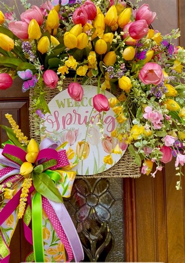 Spring Tulip Wreath, Welcome Spring Door Hanger, Yellow Pink Tulip Wreath, Floral Spring Decor, Butterfly Wreath, Front Door Spring Wreath