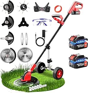 20000 RPM Electric Weed Wacker with Wheel,12″ Brushless Cordless Weed Eater Battery Powered, 4-in-1 Brush Cutter/String Trimmer/Grass Trimmer/Lawn Mower,Edger Stringless Weed Trimmer,5 Blade,2 Battery