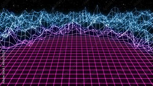 Retro-futuristic 3D wave and landscape with a starry night sky and a grid on the ground. Infinite loop background Stock Video