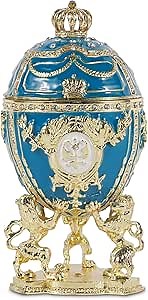 Egg Trinket Box and Cerulean Blue Coronation Egg, Enameled Jewelry Box Unique Decorative Metal Box with Classic Ornaments Great for Home Decor