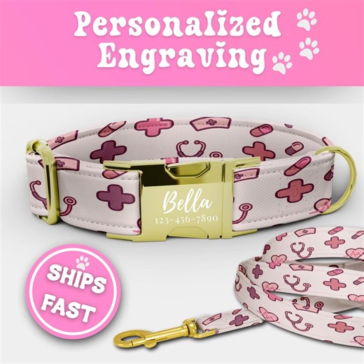 Nurse Dogs Collars & Leash Set Personalized Customized Dog Collar With Name Engraved Buckle Adjustable Handmade Puppy Collar Gift 152-1 - Etsy