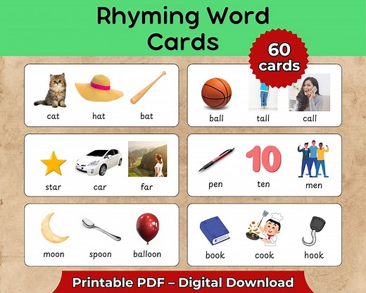 Rhyming Word Cards – 60 Printable Phonics Cards With Pictures – Rhyming Practice for Kindergarten & 1st Grade – PDF Literacy Center Activity - Etsy