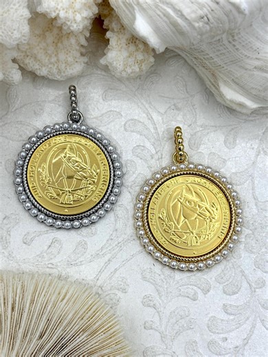 Gold Horse Coin Pendant With Textured Pearl Bezel, Horse Coins With Pearl Bezel, Horse Pendant, Gold or Rhodium Textured Bezel, Fast Ship - Etsy