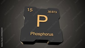 Phosphorus element symbol from periodic table on futuristic black glossy icon animated on dark background and chroma key green screen background