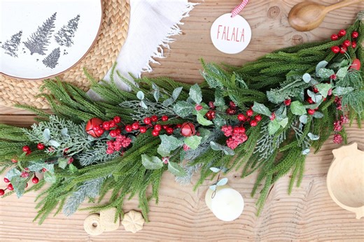 Christmas Garland Norfolk Pine With Red Berries & Rustic Bells: Mantel Fireplace Artificial Winter Decor Farmhouse Holiday Table Centerpiece - Etsy
