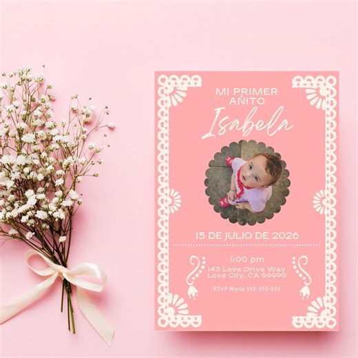 Mi Primer Añito Invitation: Pink Lace, Papel Picado (canva Template) - Etsy