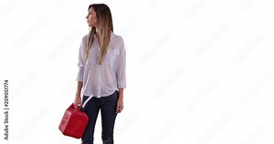Stranded female motorist with red gas can looking for help on white backdrop, Caucasian woman carrying plastic jerrycan in need of fuel on white copy space, 4k