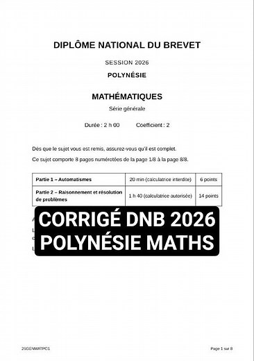 2026 DNB Polynesia General Stream Math Exam Key | Brevet Correction in Pictures