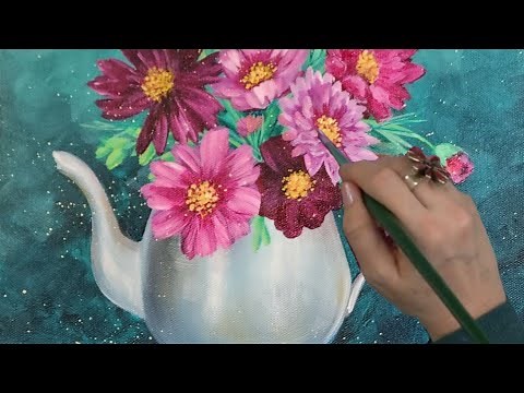 One Brush Challenge! How to Paint a Teapot with Flowers Acrylic Painting LIVE Tutorial