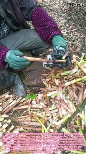 Farm Machinery: Worker Feeding Bamboo Shoots into Peeling Machine