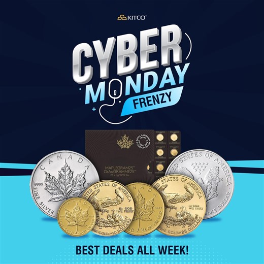 Kitco Metals Inc. on Instagram: "Cyber Monday Frenzy is live all week. Gold and silver deals are stacked and ready for you at Kitco. Jump in and explore special prices on customer favorite while they last. Your week just got a whole lot brighter. #CyberMonday #CyberWeek #Gold #Silver #Bullion #PreciousMetals #WeeklyDeals #Kitco #GoldCoin #SilverCoin"
