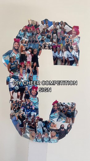 I paid less than $15 for the materials! Perfect sign for competitions #diy #diyproject #cheer #cheersigns #cheersign #gluedots #varsitycheer #photocollage #cheergifts #cheersquad #cheercoach