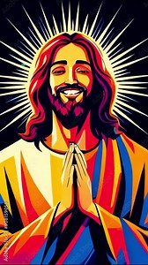 jesus christ face smiling with halo and rays of light cartoon style animation isolated. represent jesus love, ascention, ressurection, and transformation - 4k 9x16 vertical stock video footage AI