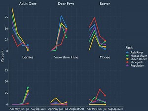 We collect >1000-2500 scats each year from 4-6 wolf packs to get really detailed diet information. This allows us to see how wolf diets change over the summer and between years. Below are our diet results from 2015. You can see wolf diets change a lot over the summer as different foods become available. | Voyageurs Wolf Project