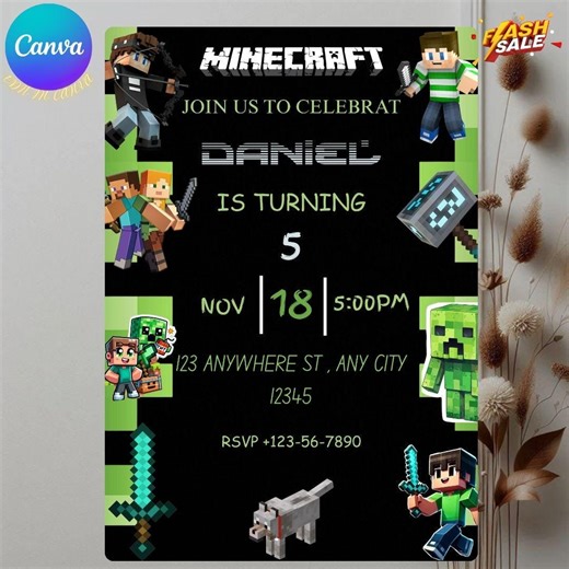 Editable Minecraft Birthday Invitation | Gamer Party Kids Invite | Minecraft Card | Canva Template Download | Minecraft Theme - Etsy New Zealand