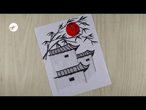 How to Draw Easy Scenery | Chinese Village Drawing with Red Sun | Simple Art for Beginners
