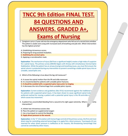 TNCC 9th Edition final exam prep | 84 questions with correct and verified answers and detailed rationales Graded A  | Digital Download PDF
