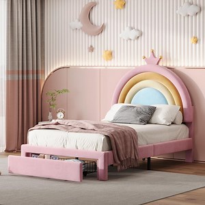 Harper & Bright Designs Cute Rainbow Design Pink Twin Size Velvet Upholstered Platform Bed with Storage Drawer LHC153AAH-T