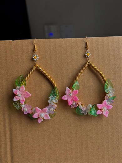 Handmade Pink & Gold Drop/ Dangle Flower Earrings - Etsy