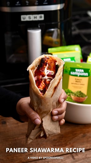 Shreya Jain on Instagram: "•PANEER SHAWARMA RECIPE•😍 High-protein cravings = this homemade paneer shawarma ✨ I swear by @tata.sampann spices for that rich colour and deep flavour it truly makes my marinades next level. Then into my @ushacookofficial appliances Air Fryer 4.5L for that perfect char, zero oil, zero guilt. My kind of wholesome comfort wrap 💛 Ingredients mentioned in the pinned comment! Paneer recipe, paneer recipes, paneer shawarma, shawarma recipe, paneer shawarma recipe, paneer 